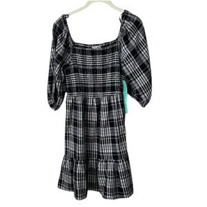 J Gee Petite Black And White Plaid Shirred Dress Size PS